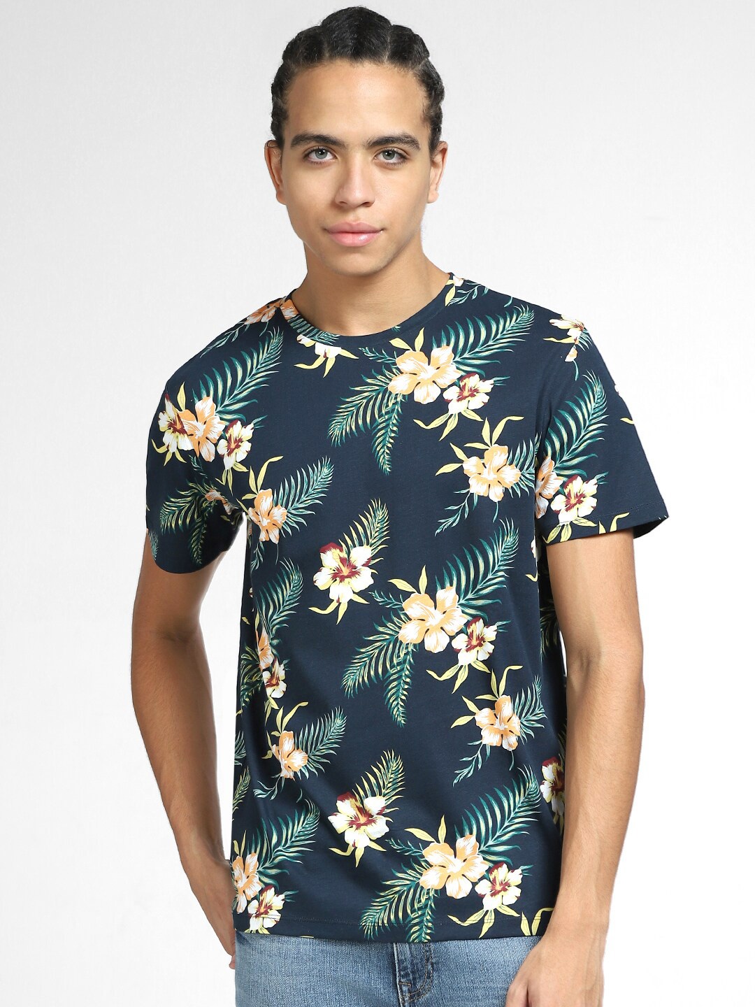 

Jack & Jones Men Floral Printed Cotton Slim Fit T-shirt, Navy blue