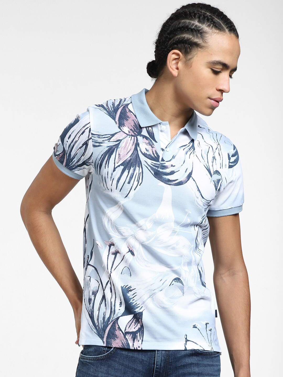 

Jack & Jones Men Floral Printed Cotton Slim Fit T-shirt, Blue