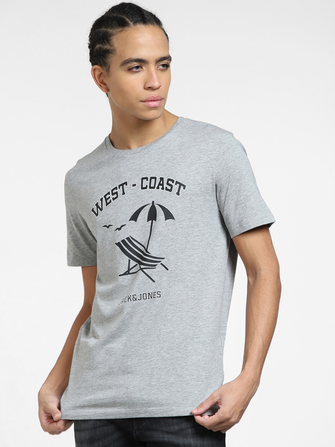 Jack & Jones Men Typography Printed Cotton Slim Fit T-shirt, Grey