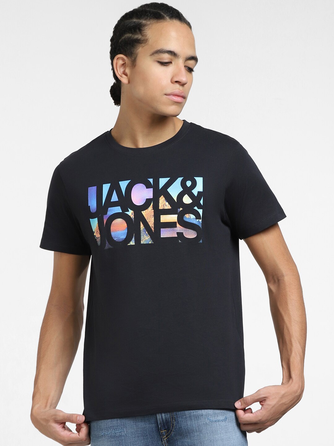 Jack & Jones Crew Neck Typography Printed Cotton Slim Fit T-shirt, Black