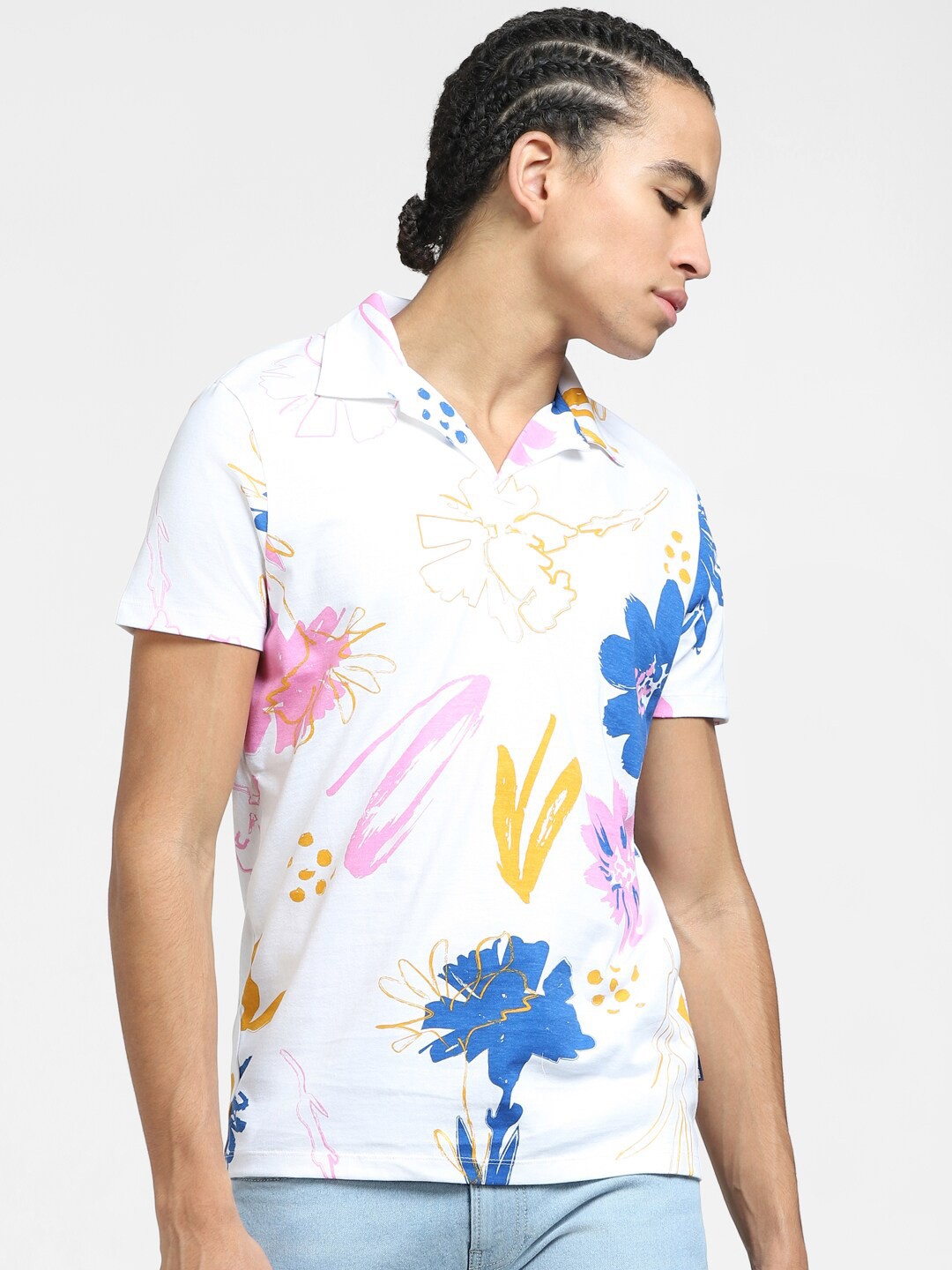 

Jack & Jones Floral Printed Polo Collar Cotton Slim Fit T-shirt, White