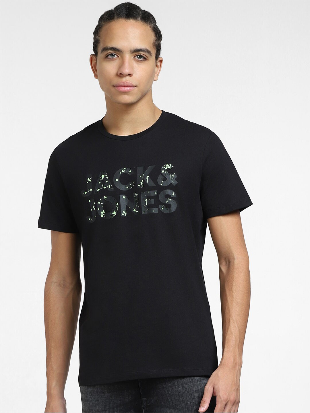 

Jack & Jones Crew Neck Typography Printed Cotton Slim Fit T-shirt, Black