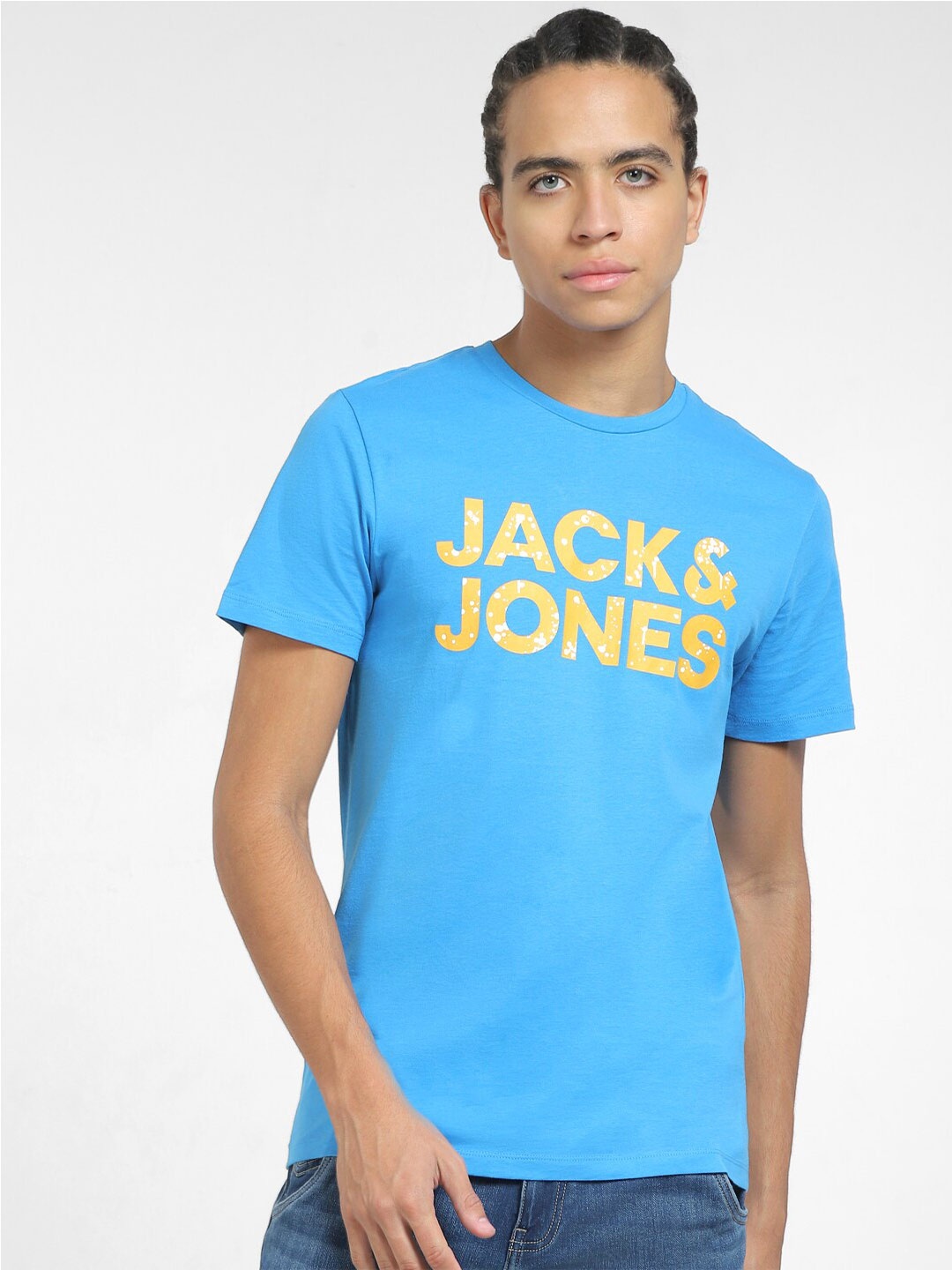 

Jack & Jones Crew Neck Typography Printed Cotton Slim Fit T-shirt, Blue