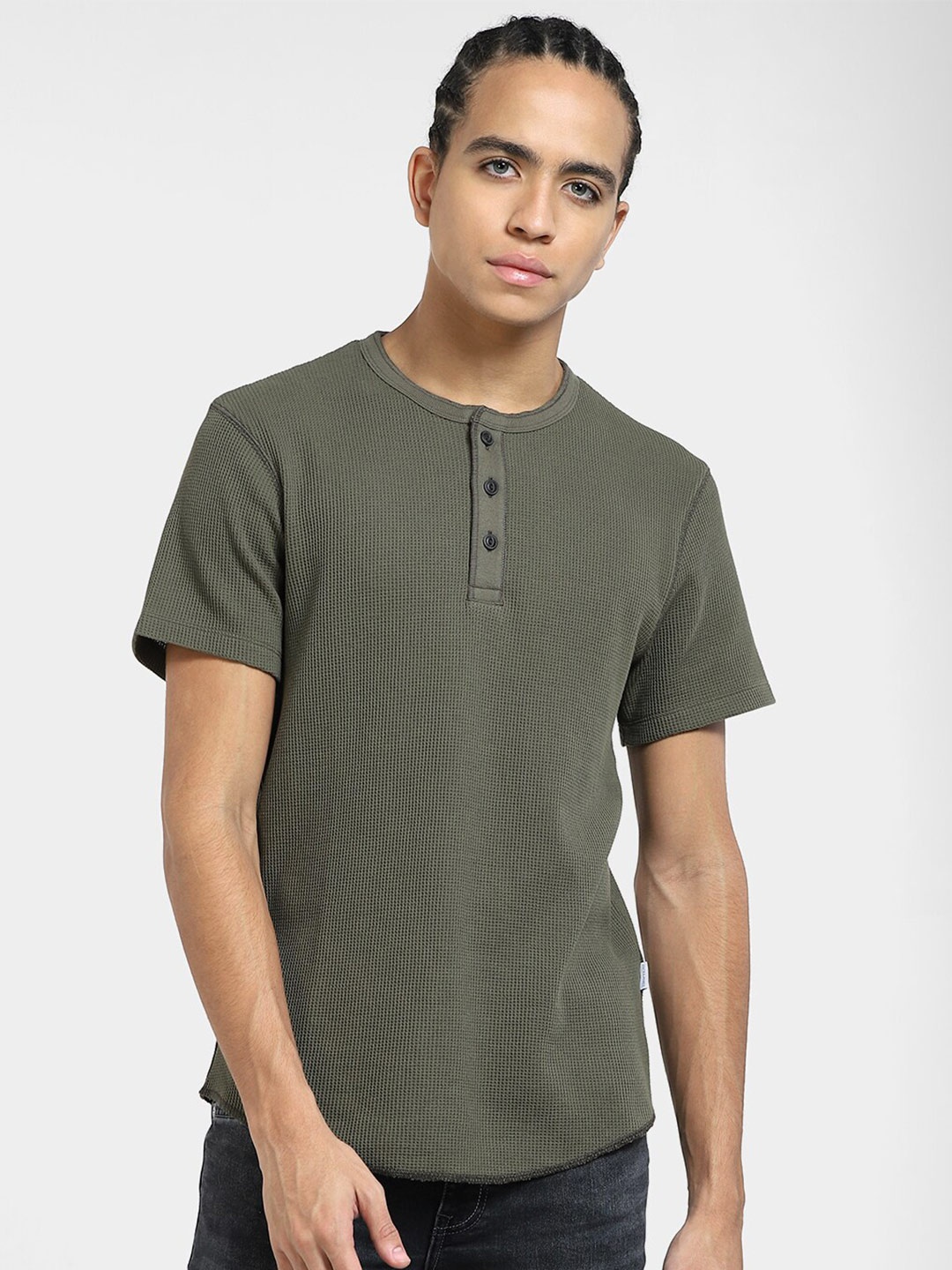 

Jack & Jones Self Design Henley Neck Cotton Slim Fit T-shirt, Green