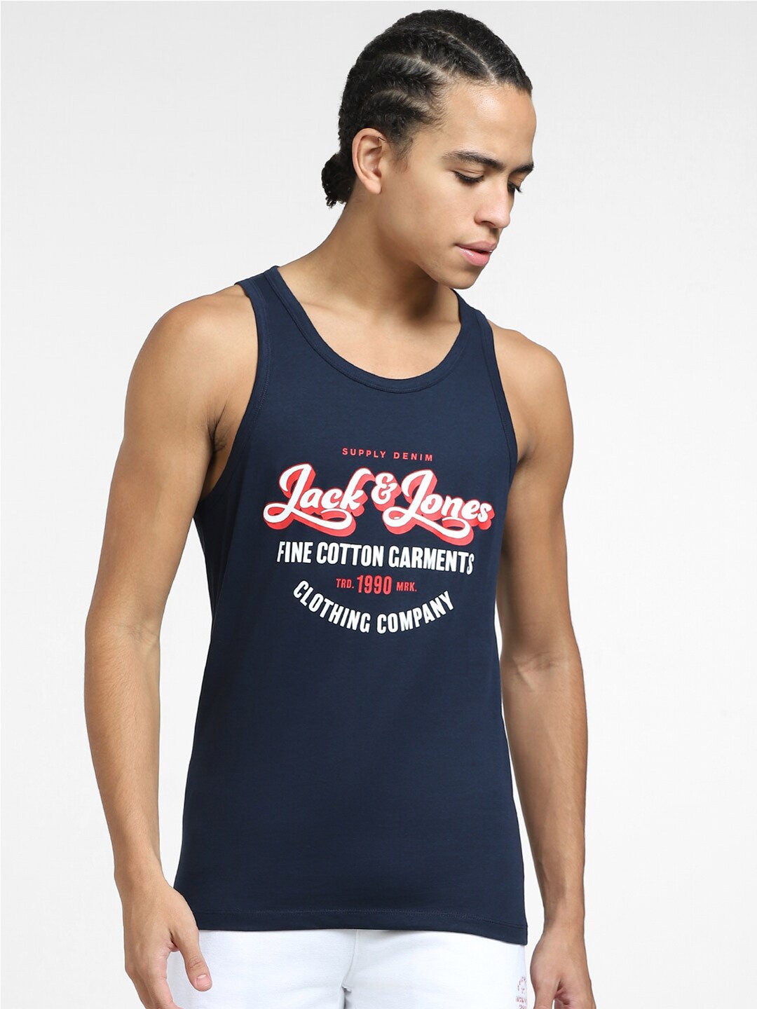 

Jack & Jones Typography Printed Cotton Slim Fit T-shirt, Navy blue