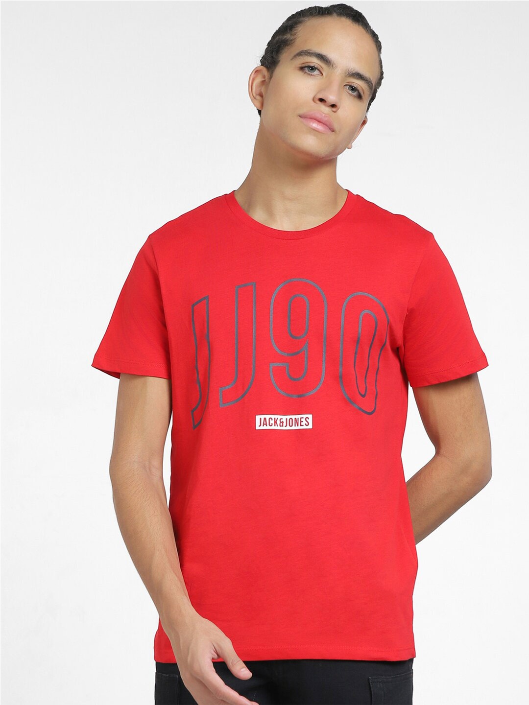 Jack & Jones Typography Printed Cotton Slim Fit T-shirt, Red