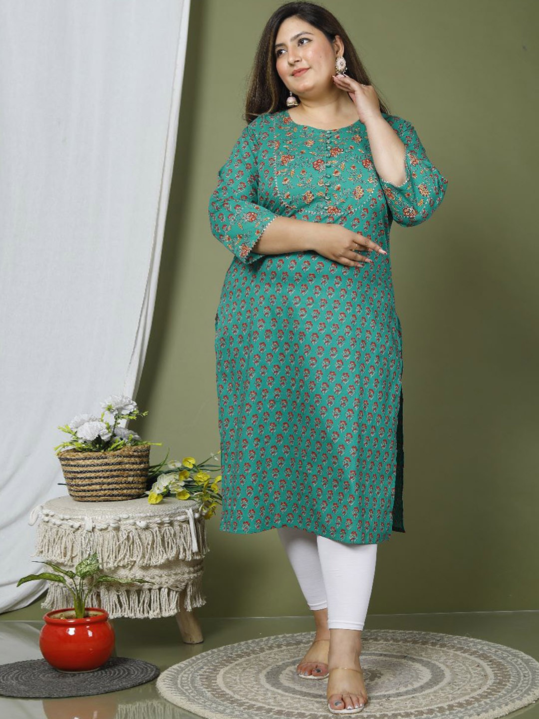 

Swasti Floral Printed Gotta Patti Pure Cotton Kurta, Turquoise blue