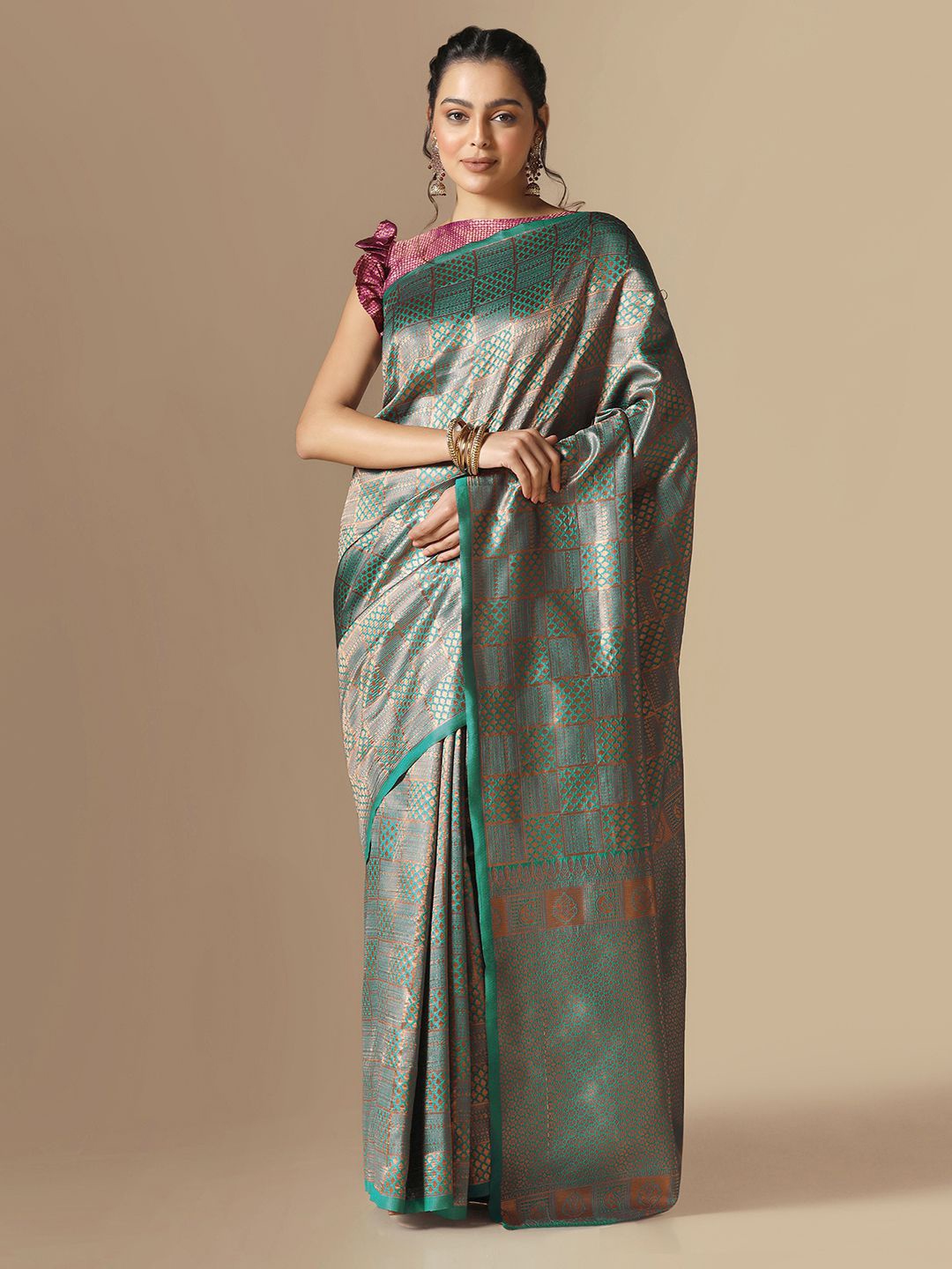 

Mitera Geometric Woven Design Zari Banarasi Saree, Green