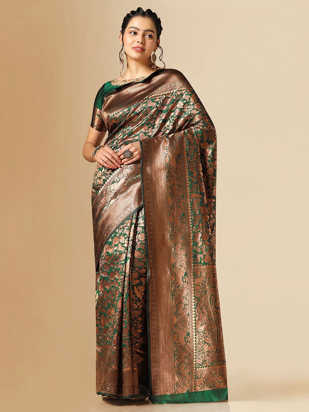 

Mitera Floral Woven Design Zari Banarasi Saree, Green