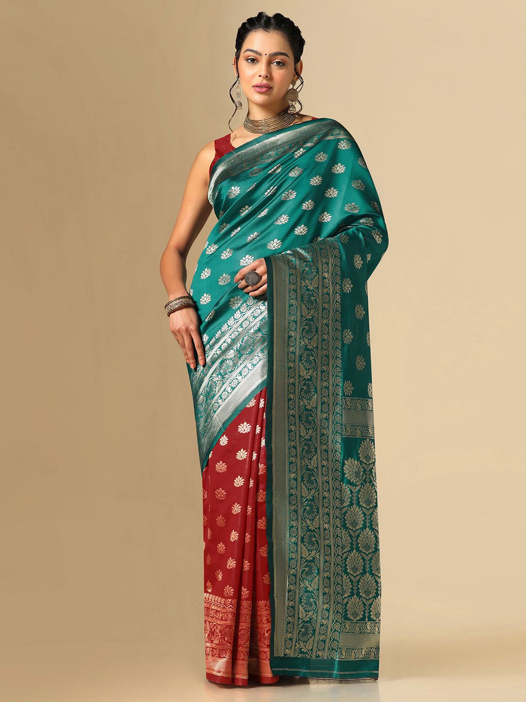 

Mitera Floral Woven Design Zari Half and Half Banarasi Saree, Red