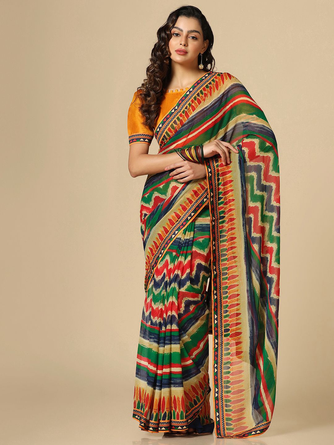 

Mitera Printed Striped Lace Saree, Yellow