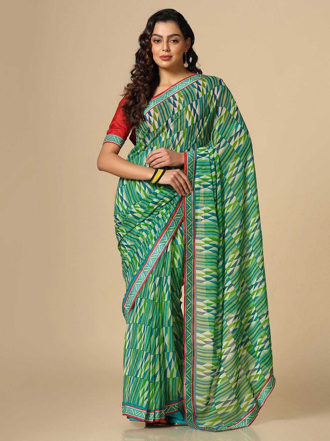 

Mitera Geometric Printed Poly Georgette Saree, Green