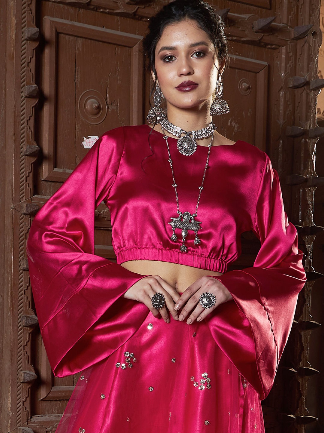 

Shae by SASSAFRAS Flared Sleeves Satin Crop Top, Fuchsia