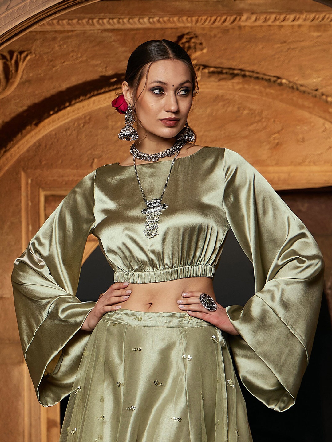 

Shae by SASSAFRAS Flared Sleeves Satin Crop Top, Olive