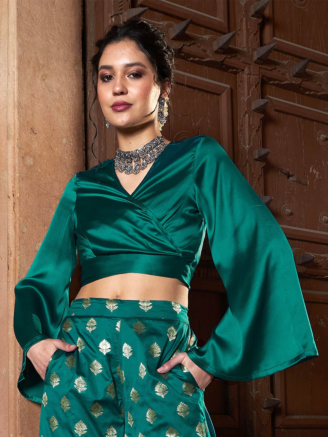 

Shae by SASSAFRAS Flared Sleeves Wrap Satin Crop Top, Green