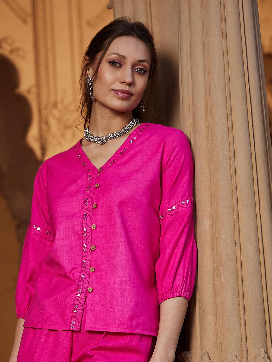 

Shae by SASSAFRAS V-Neck Puff Sleeves Fusion Top, Fuchsia