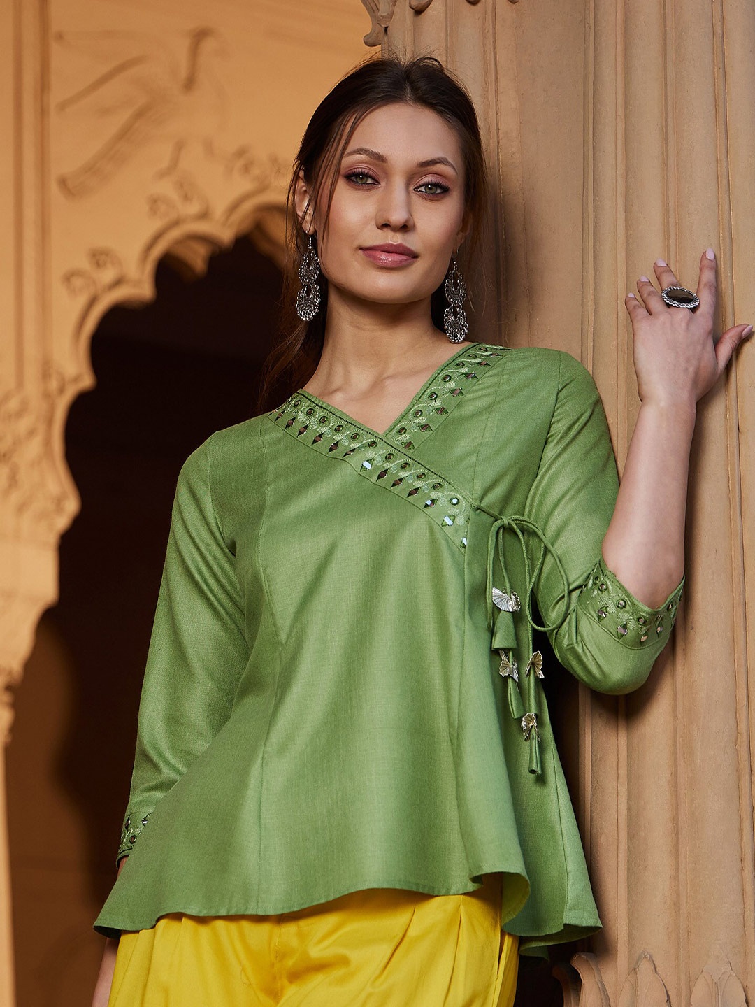 

Shae by SASSAFRAS Embroidered Tie-Ups Angrakha Top, Green