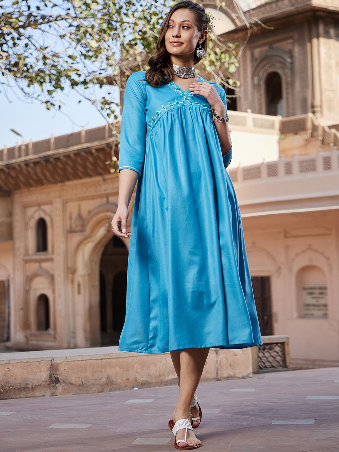 

Shae by SASSAFRAS Floral Embroidered Empire Seam Anarkali Kurta, Teal