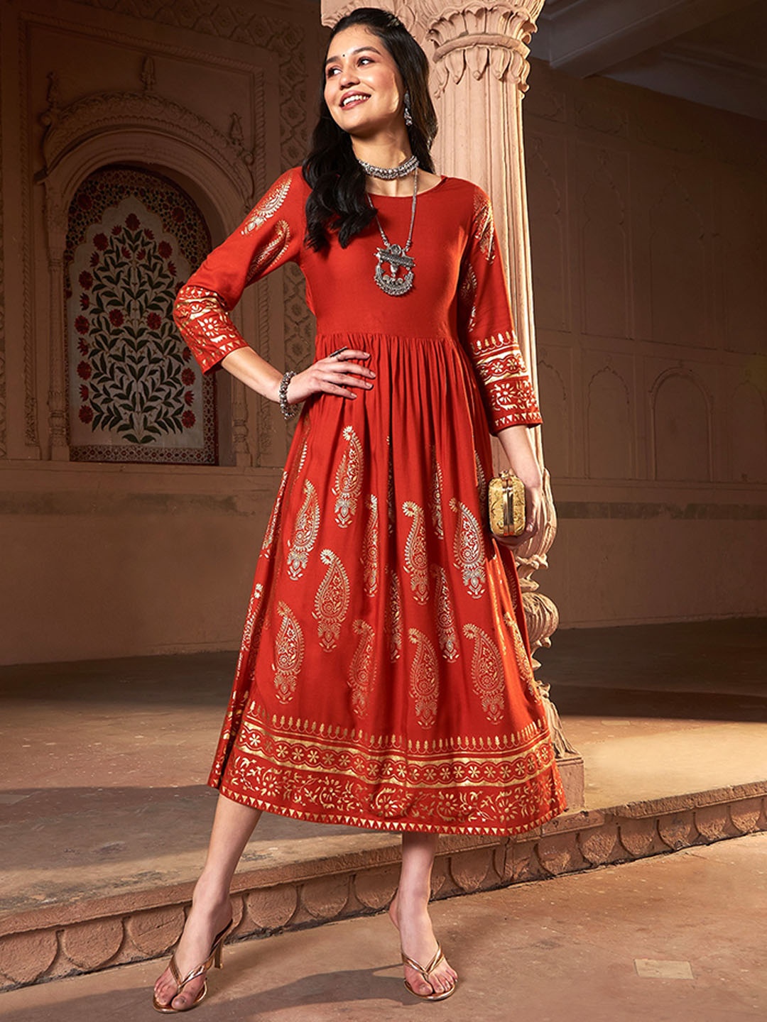 

Shae by SASSAFRAS Paisley Printed Foil Print Back Tie Knot Fit & Flare Ethnic Dress, Rust