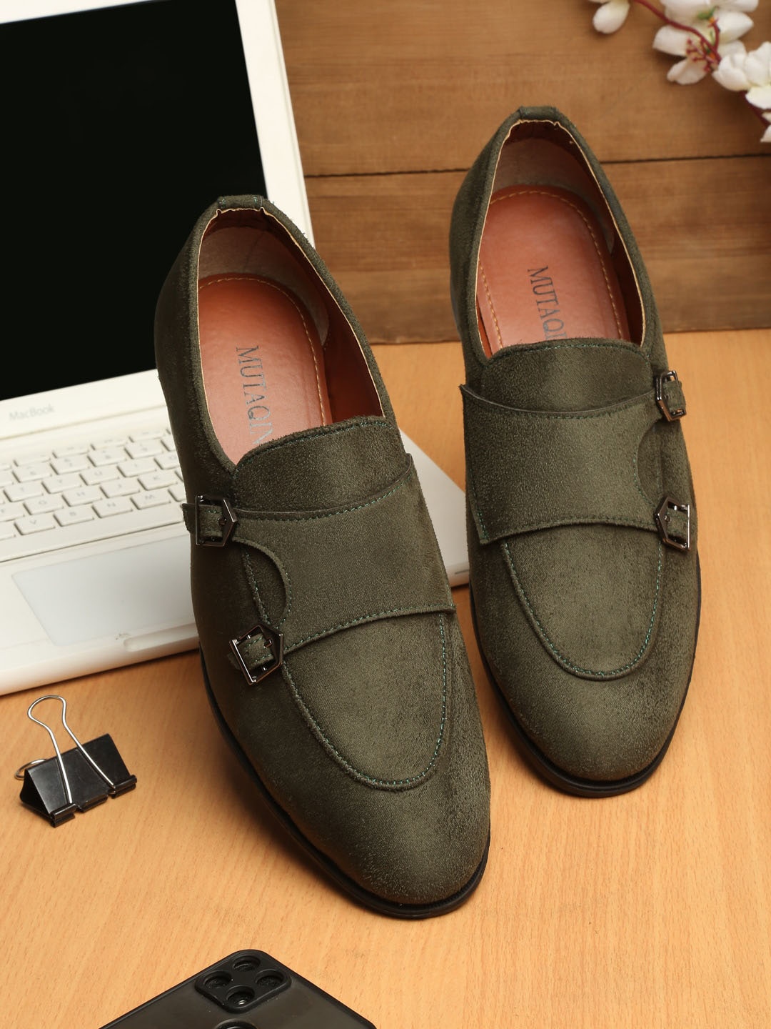 

MUTAQINOTI Men Textured Suede Lightweight Slip-On Monks, Green