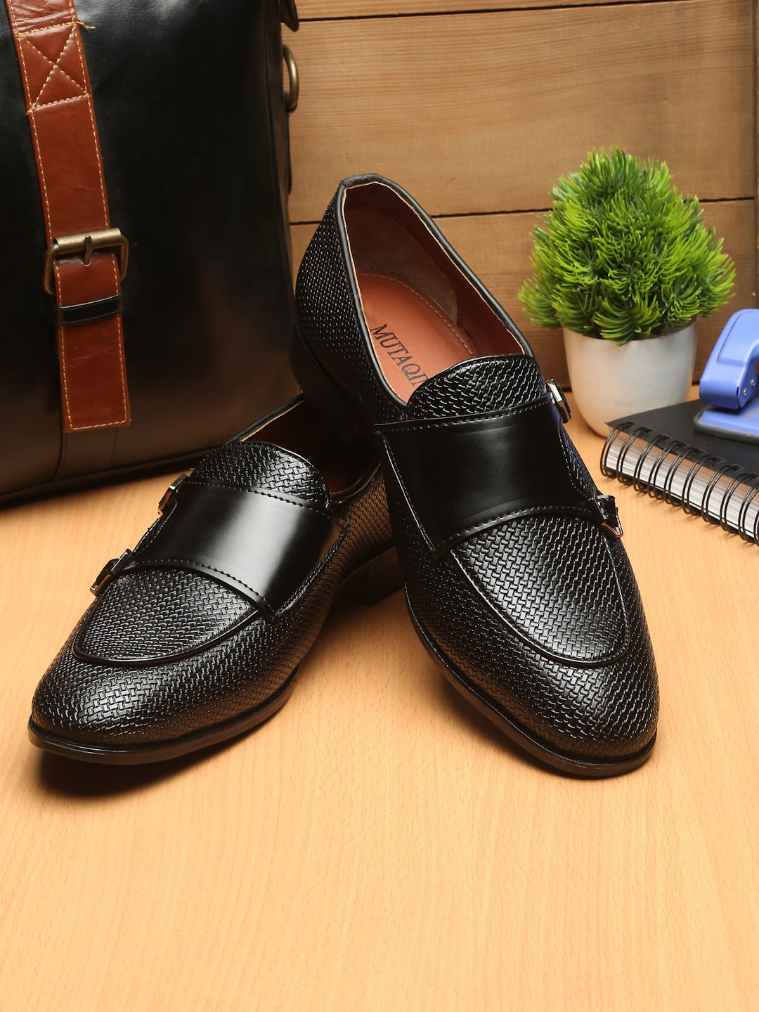 

MUTAQINOTI Men Textured Leather Slip-On Monk Shoes, Black