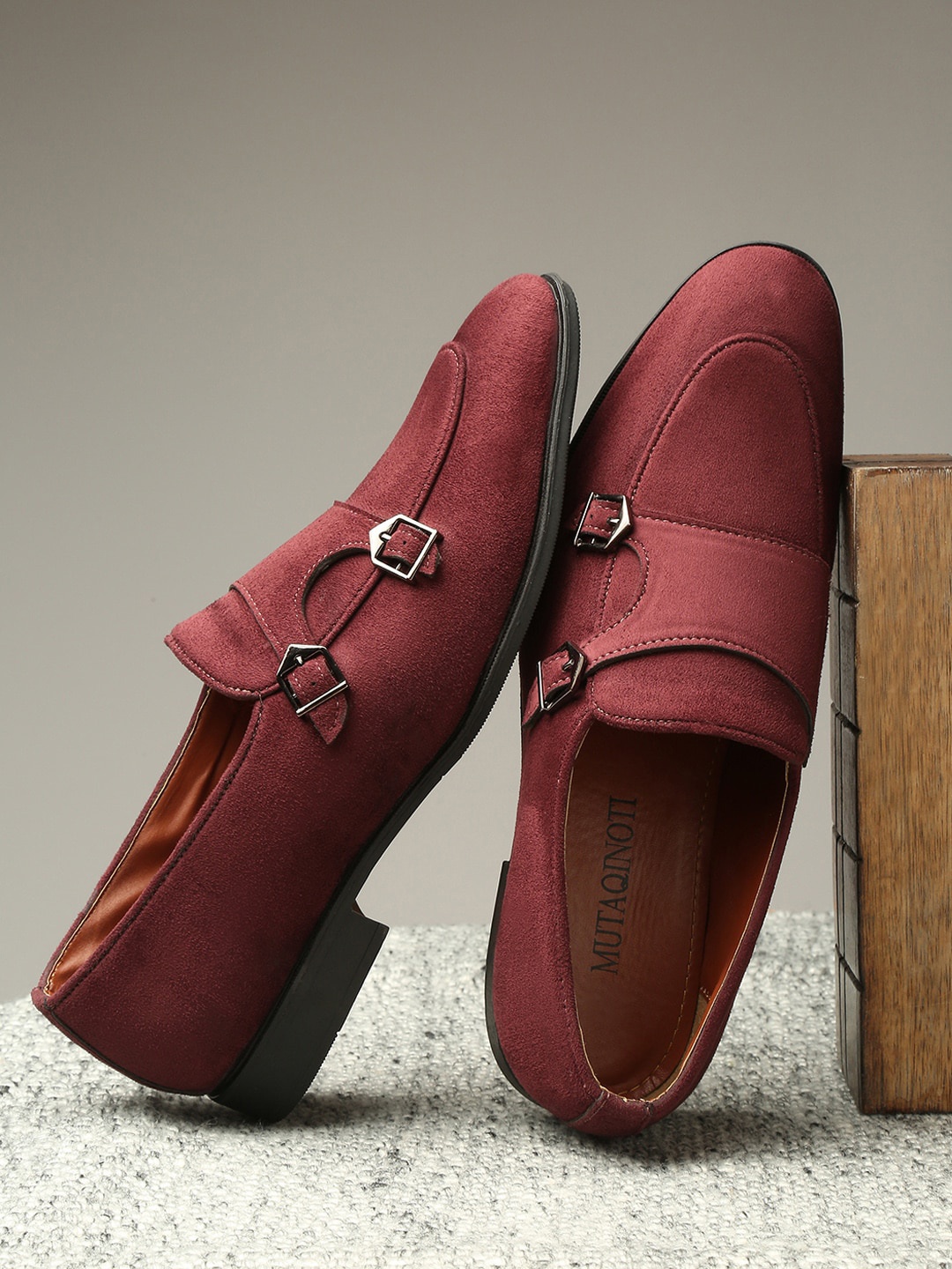 

MUTAQINOTI Men Suede Leather Slip-On Monks, Maroon