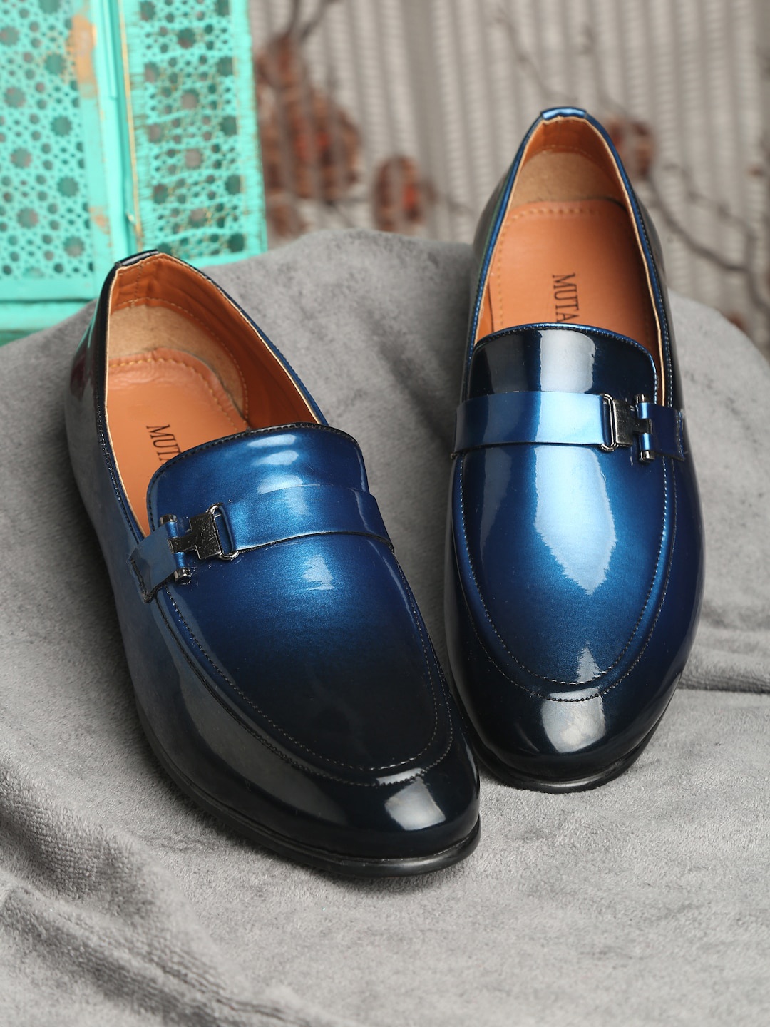

MUTAQINOTI Men Colourblocked Leather Slip-On Loafers, Blue