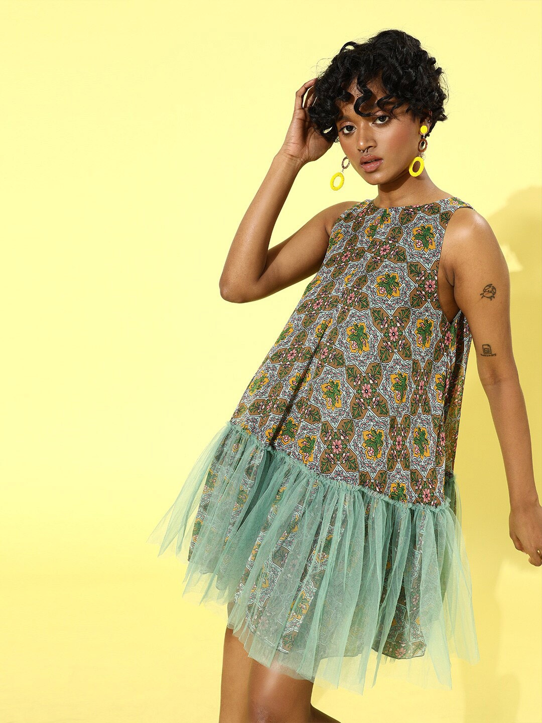 

QUIERO Ethnic Motifs Printed Sleeveless A-Line Dress, Green