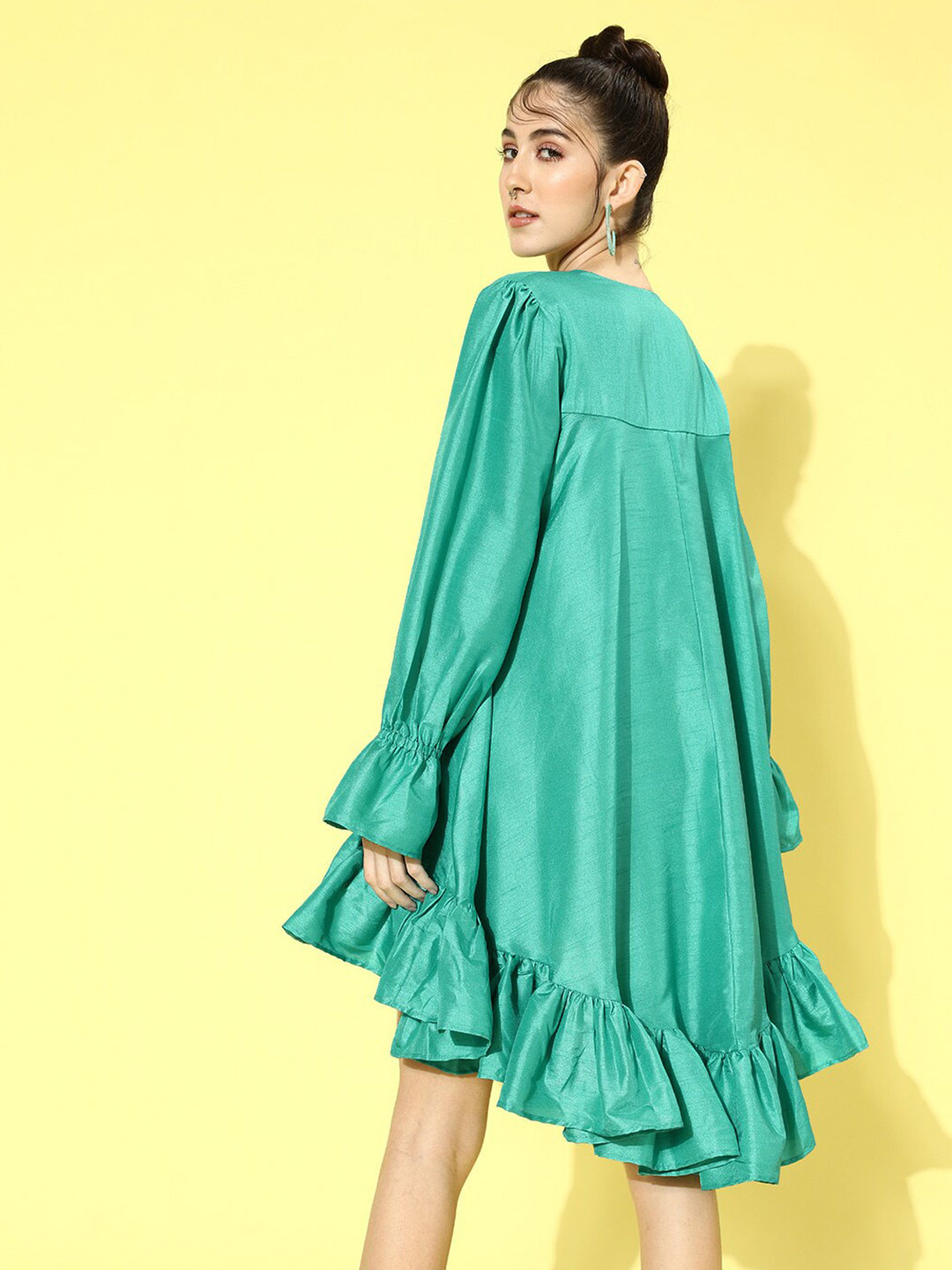 

QUIERO Bell Sleeves Satin A-Line Dress, Turquoise blue