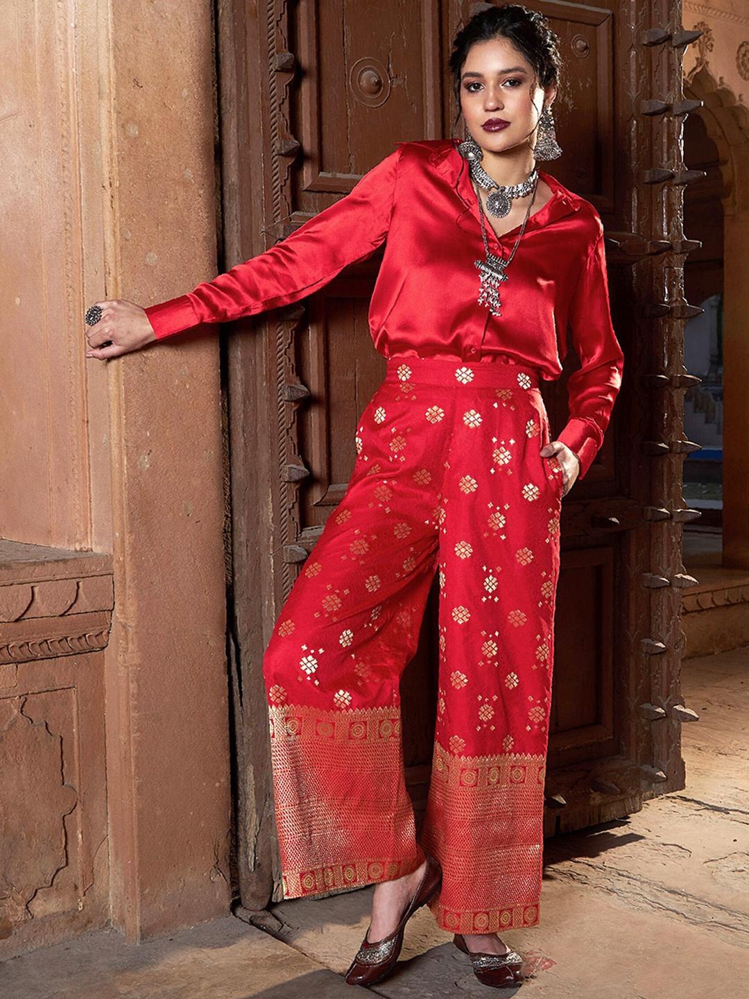 

Shae by SASSAFRAS Women Satin Shirt With Self Design Brocade Palazzo, Red