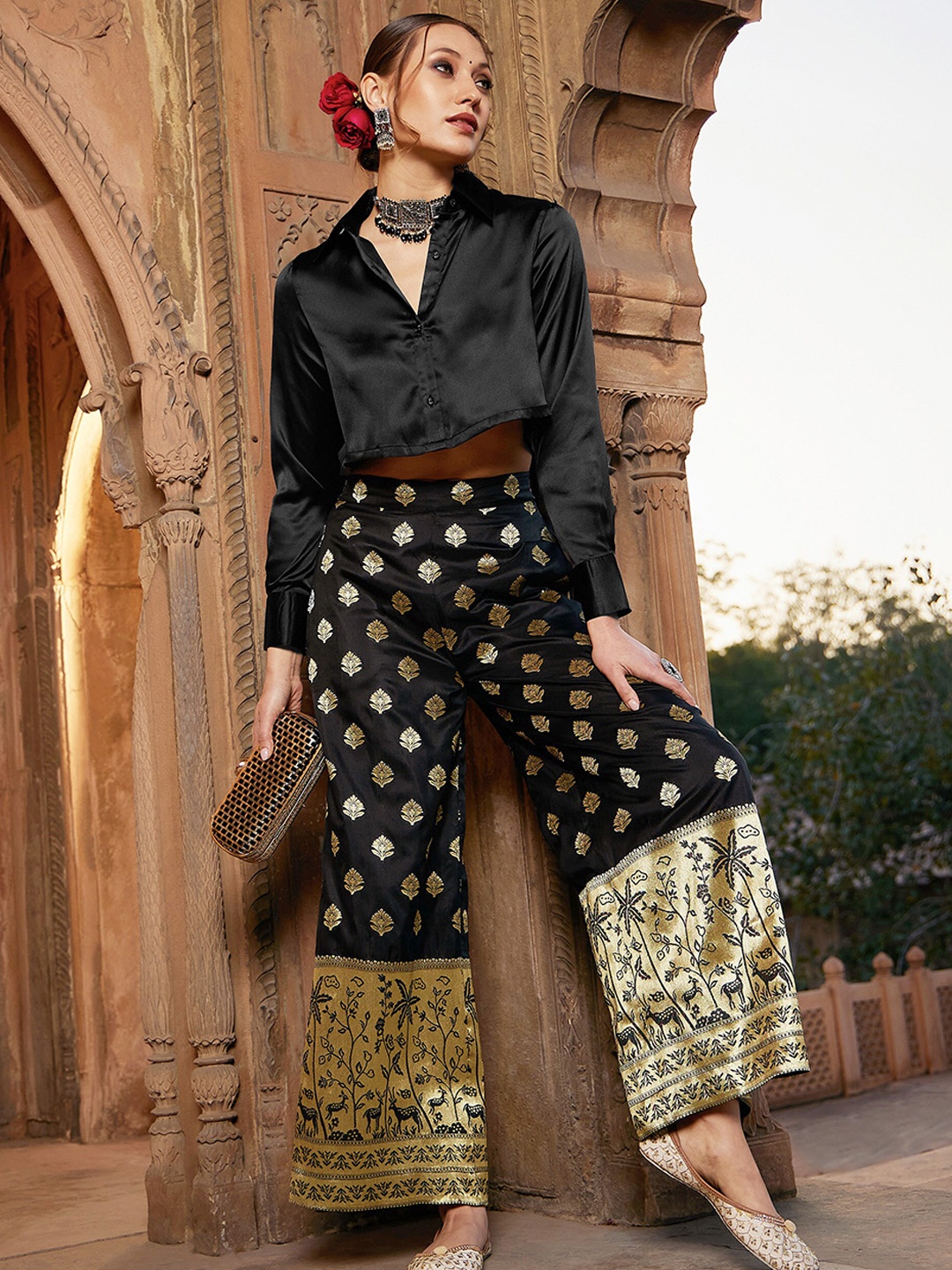 

Shae by SASSAFRAS Satin Crop Shirt With Self Design Brocade Palazzo, Black
