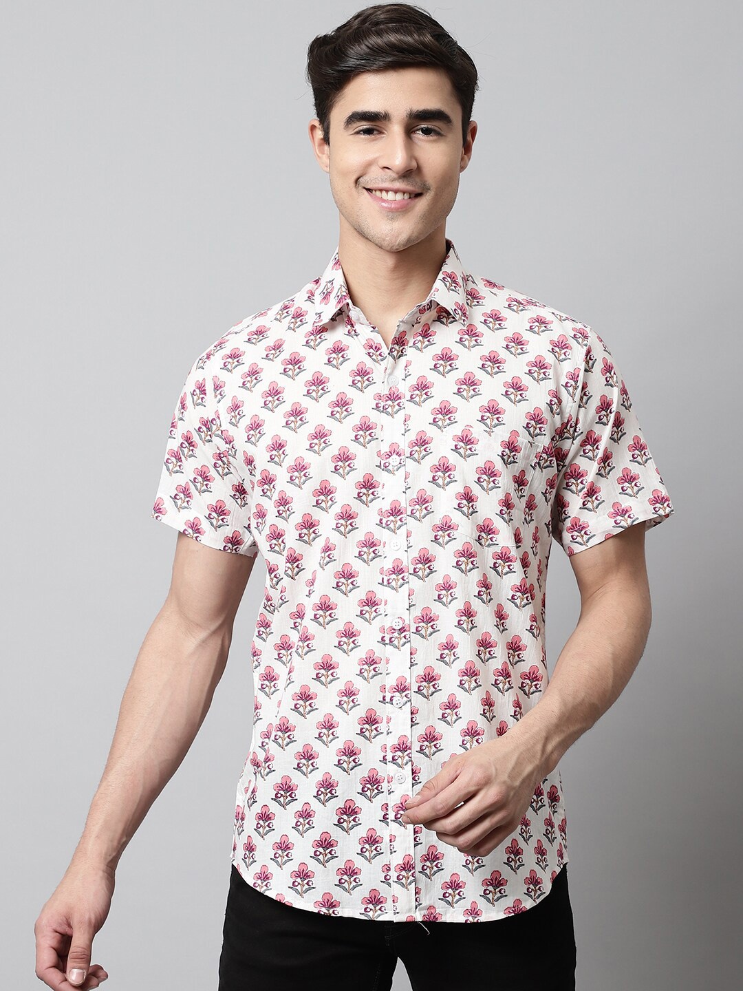

Pistaa Men Relaxed Slim Fit Floral Printed Casual Cotton Shirt, Pink