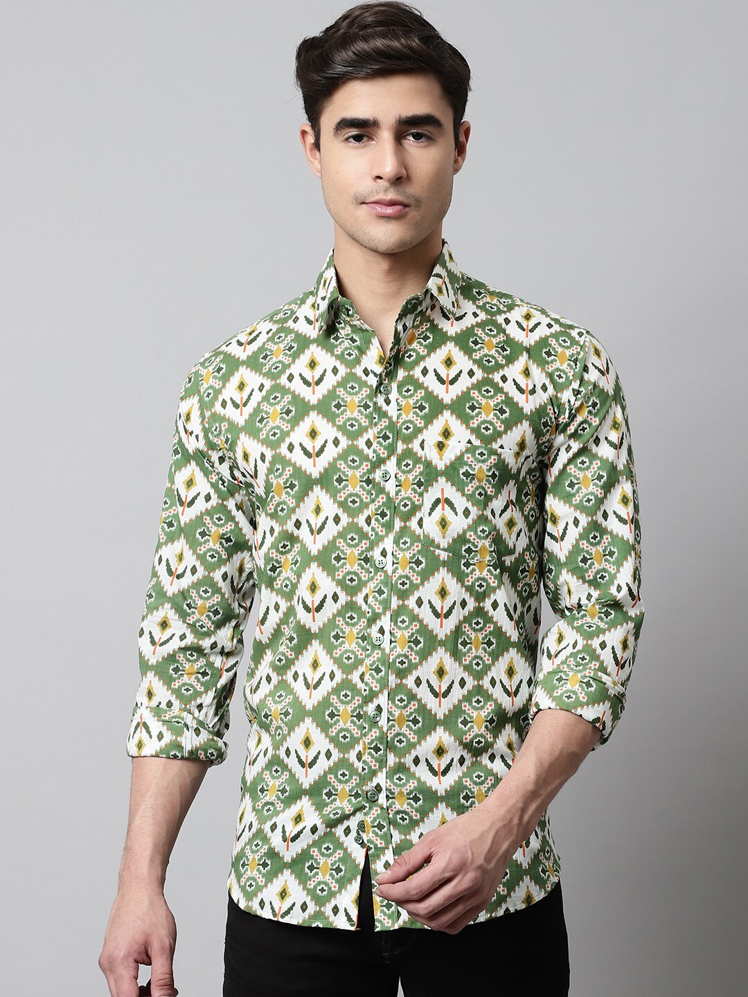 

Pistaa Men Relaxed Slim Fit Printed Casual Cotton Shirt, Green