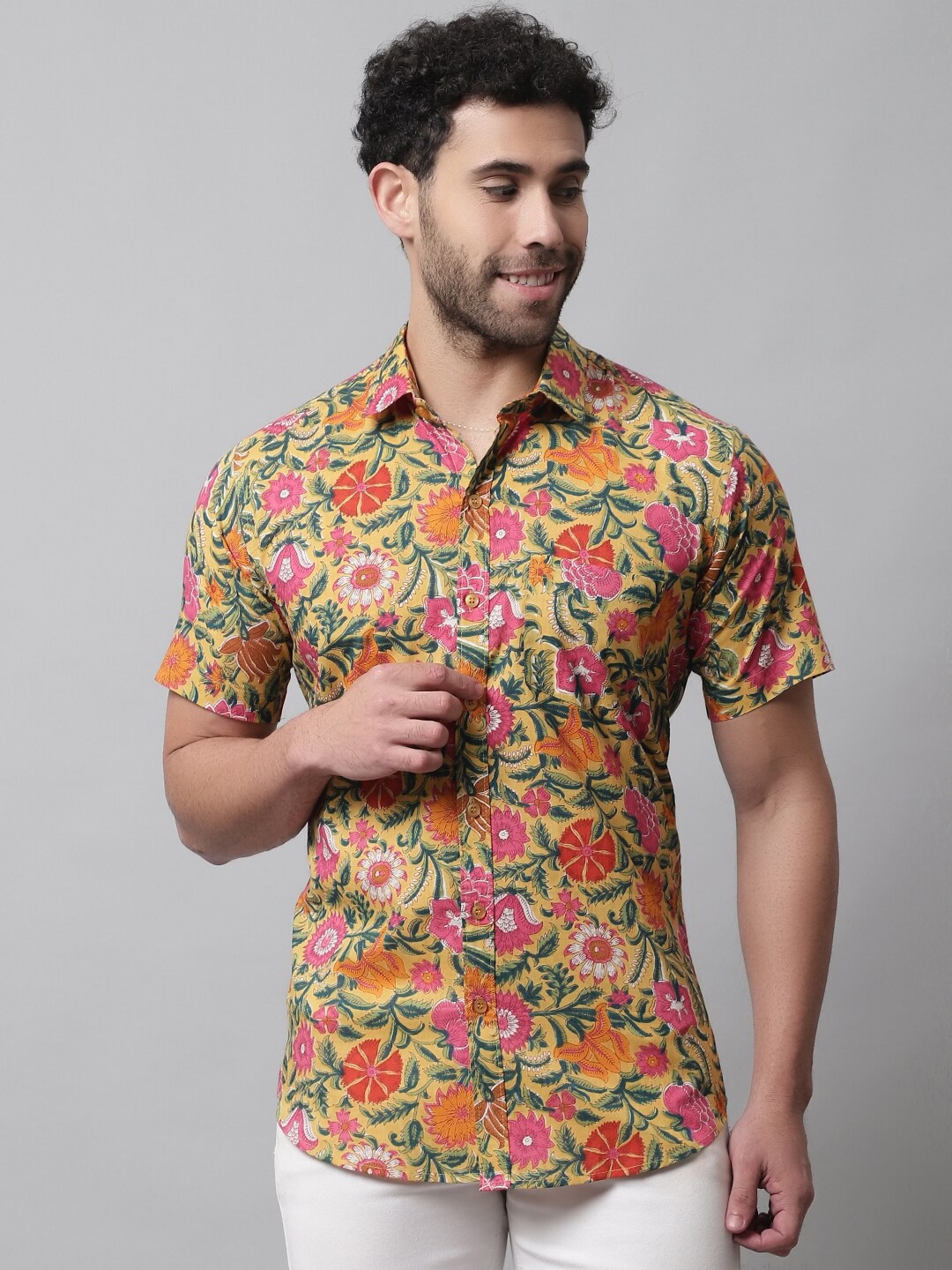 

Pistaa Men Relaxed Slim Fit Floral Printed Casual Cotton Shirt, Yellow