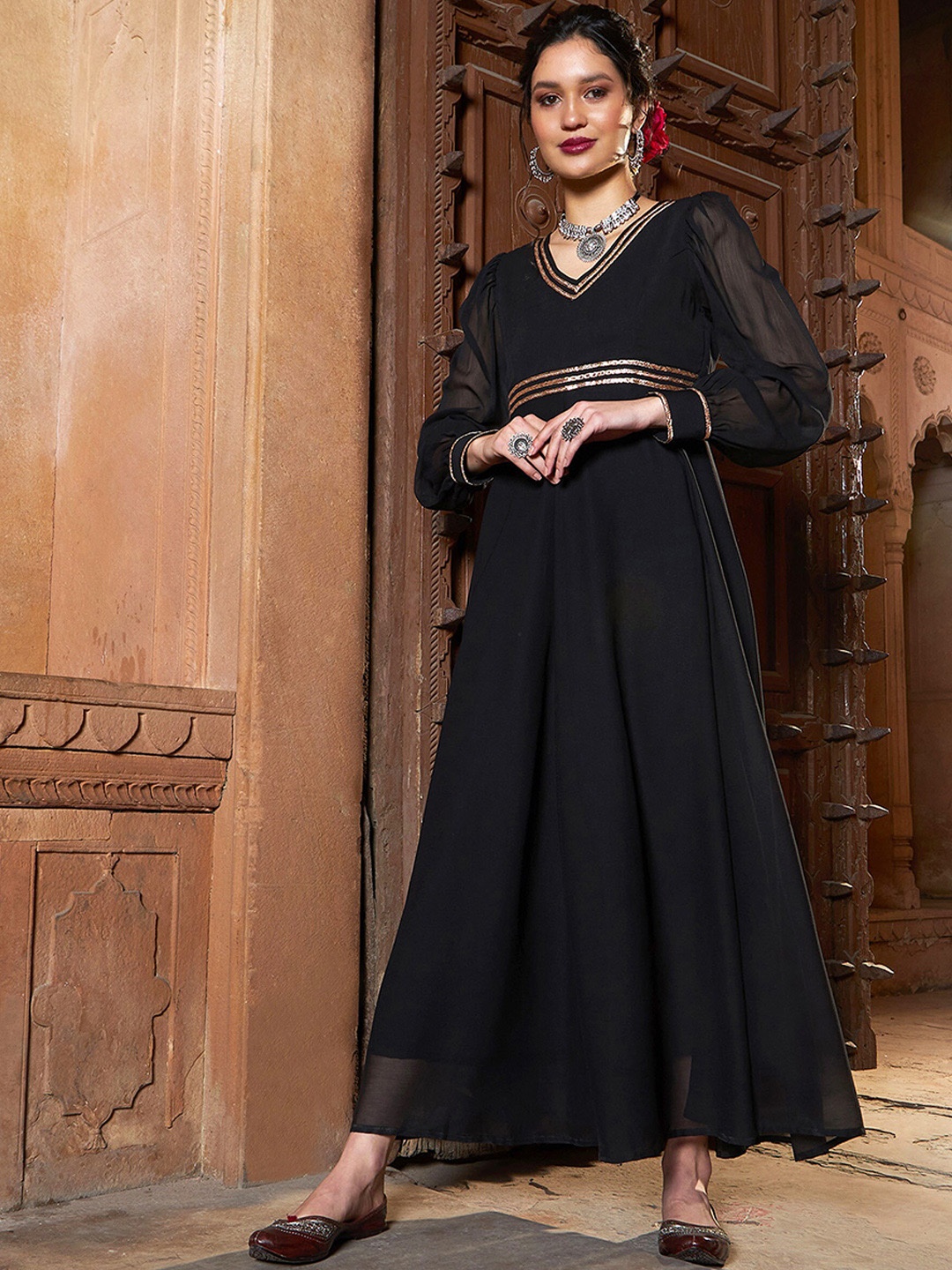 

Shae by SASSAFRAS V-Neck Bishop Sleeves Chiffon Maxi Ethnic Dresses, Black