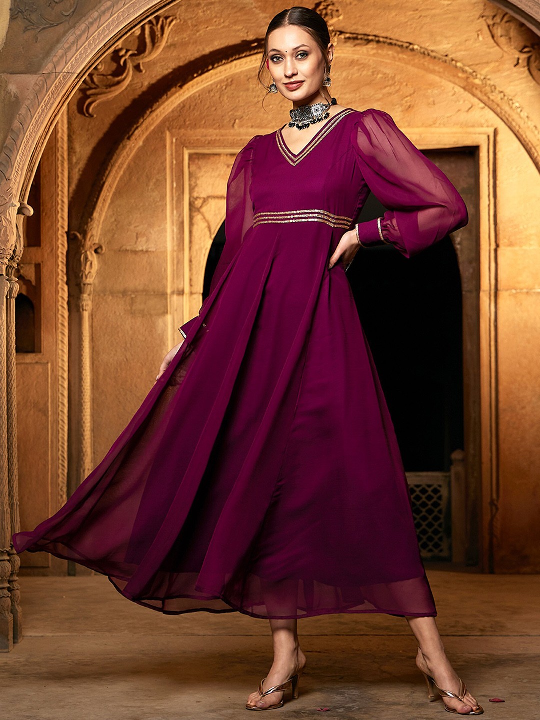 

Shae by SASSAFRAS V-Neck Bishop Sleeves Chiffon Maxi Ethnic Dresses, Burgundy