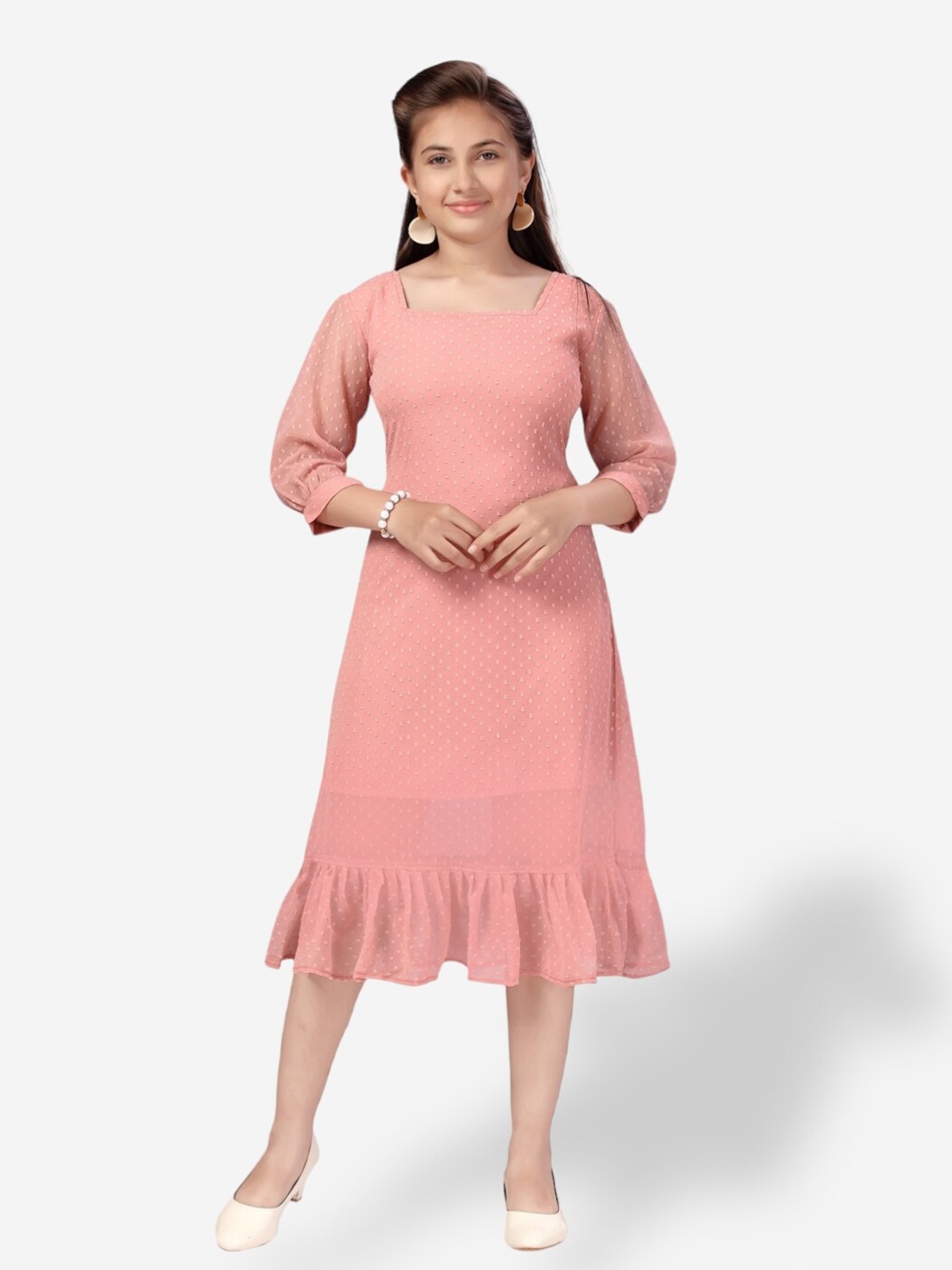 

Aarika Girls Self Design Georgette A-Line Midi Dress, Peach