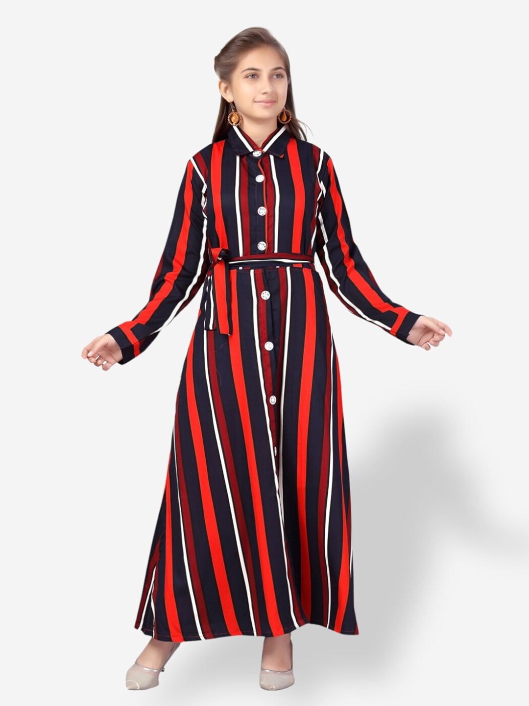 

Aarika Girls Striped Cotton Shirt Maxi Dress, Red