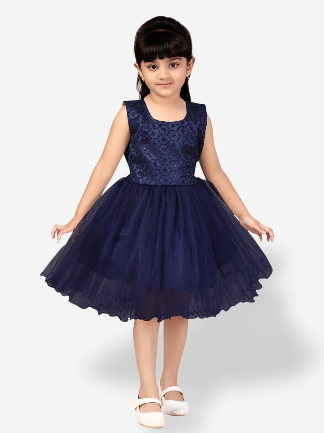 

Aarika Girls Embroidered Fit & Flare Net Dress, Navy blue