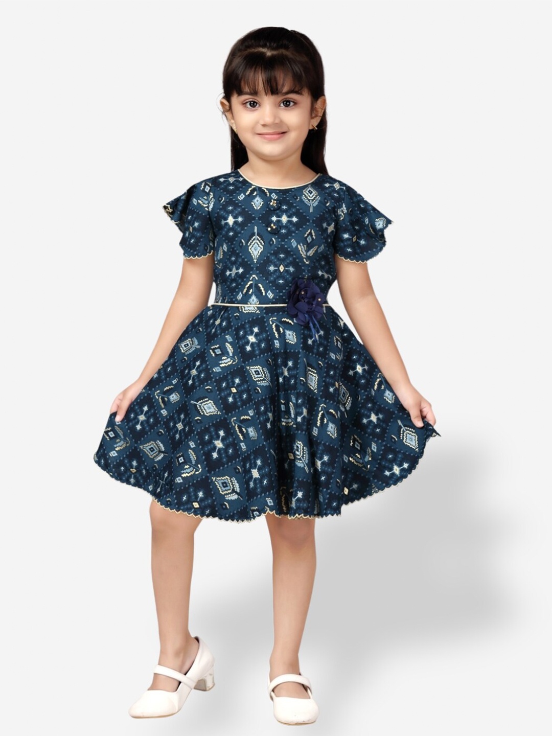 

Aarika Girls Abstract Printed Flutter Sleeves Cotton Fit & Flare Dress, Navy blue