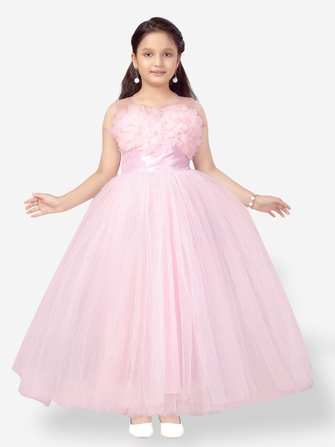 

Aarika Girls Net Ruffle Fit and Flare Dress, Pink