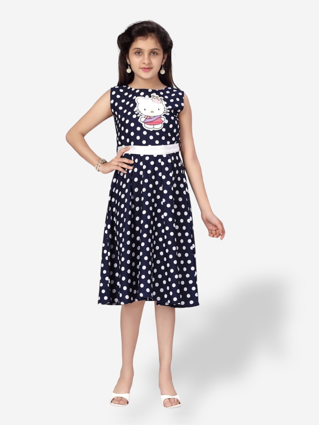 

Aarika Girls Polka Dot Cotton Dress, Navy blue