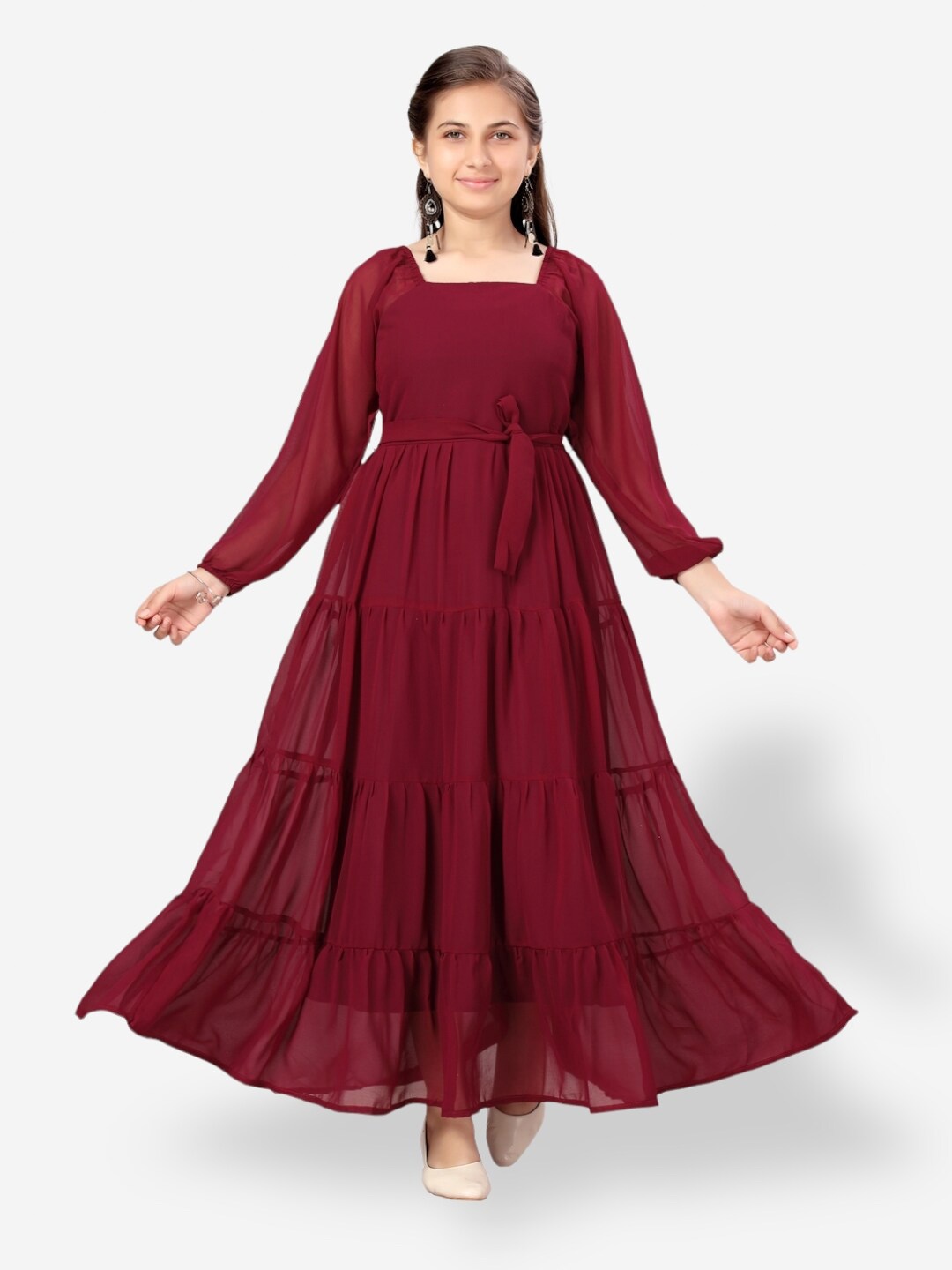 

Aarika Girls Square Neck Georgette Fit & Flare Maxi Dress, Maroon