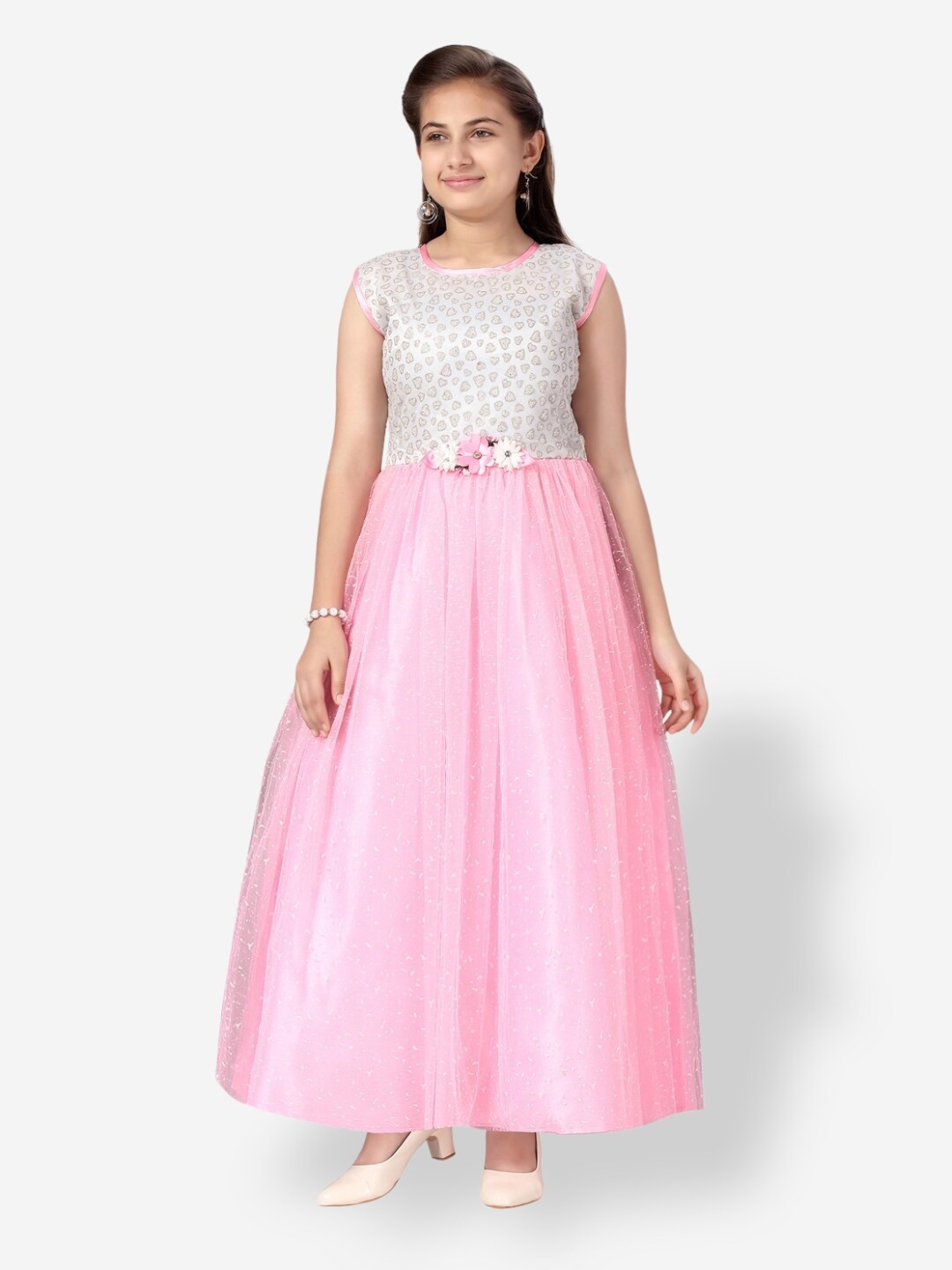 

Aarika Girls Self Design Net Maxi Dress, Pink