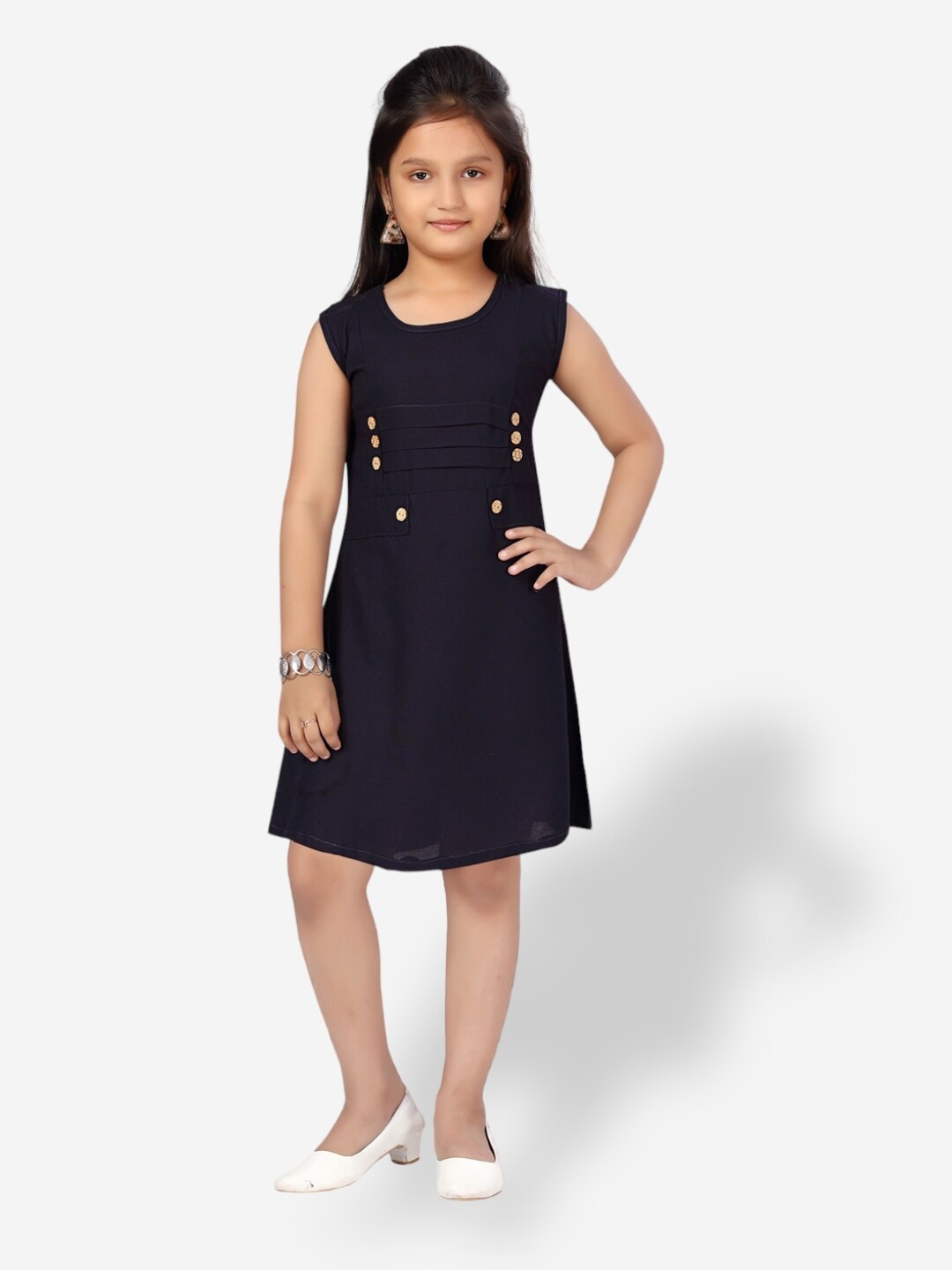 

Aarika Girls Round Neck Cotton A-Line Dress, Navy blue