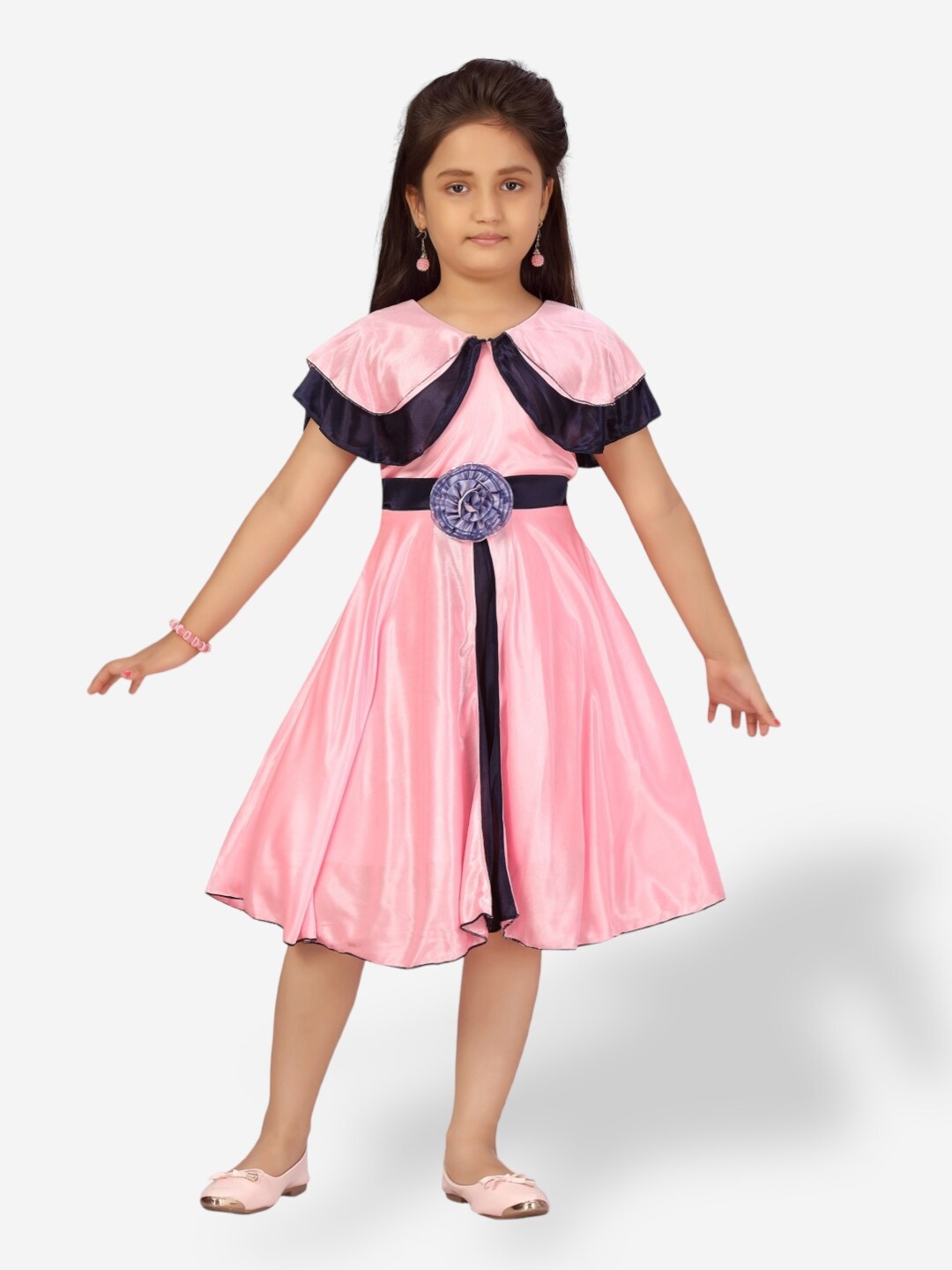 

Aarika Girls Cape Sleeves Silk Fit & Flare Dress, Pink