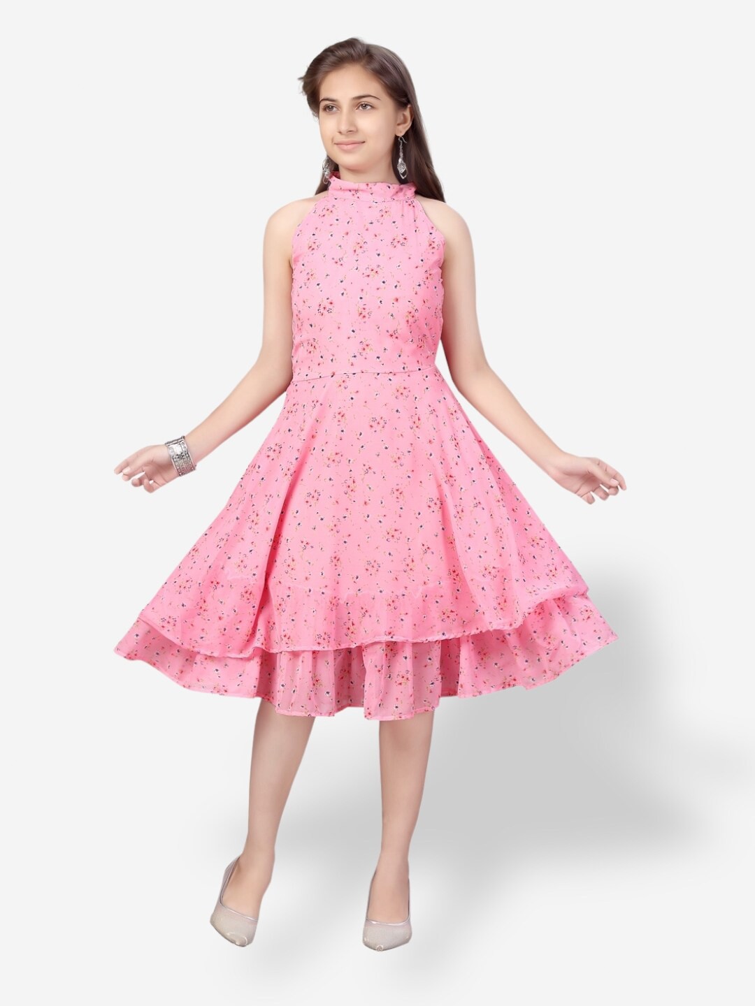 

Aarika Girls Halter Neck Floral Georgette Dress, Pink