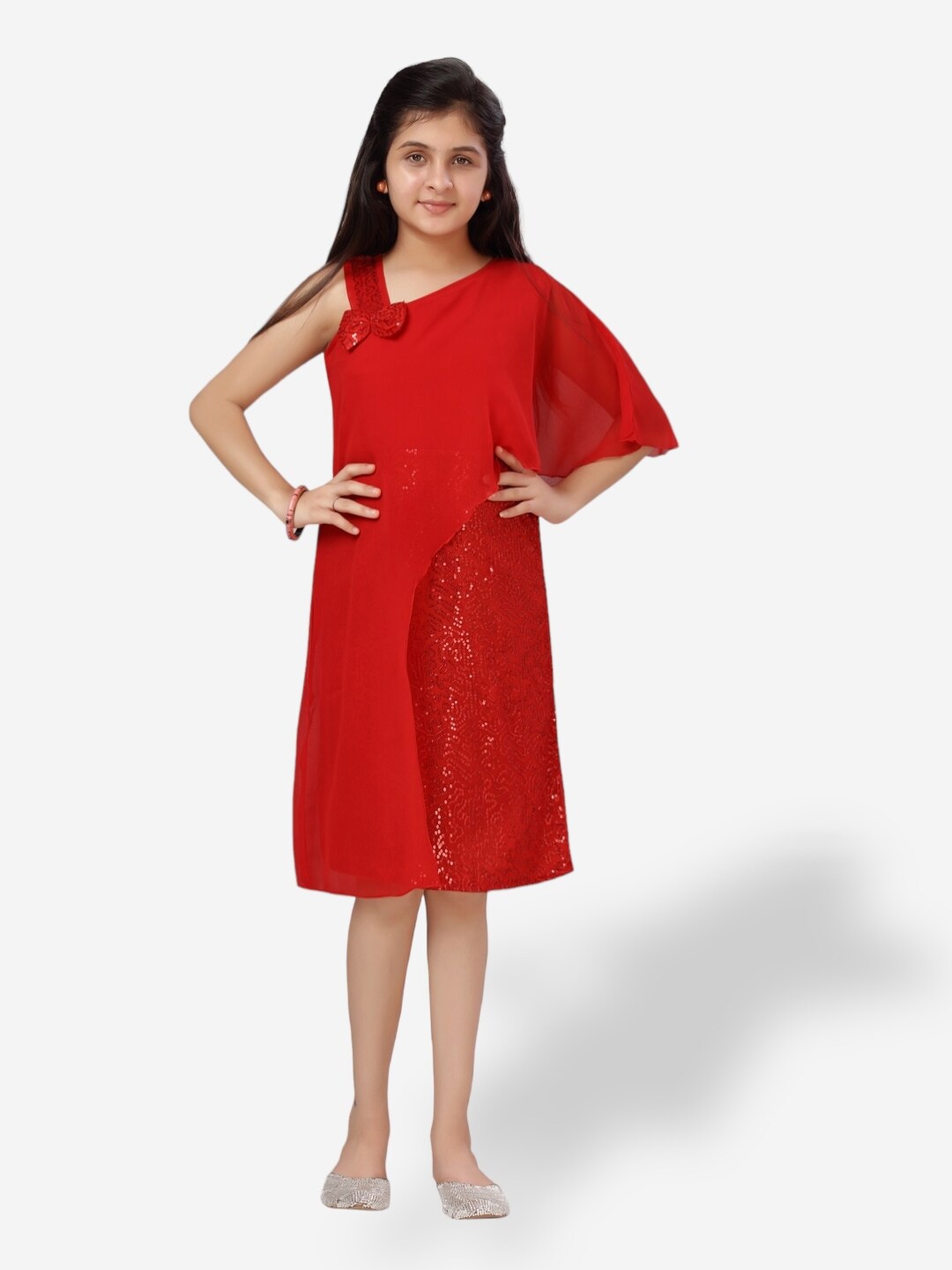 

Aarika Girls One Shoulder Embellished Georgette A-Line Dress, Red