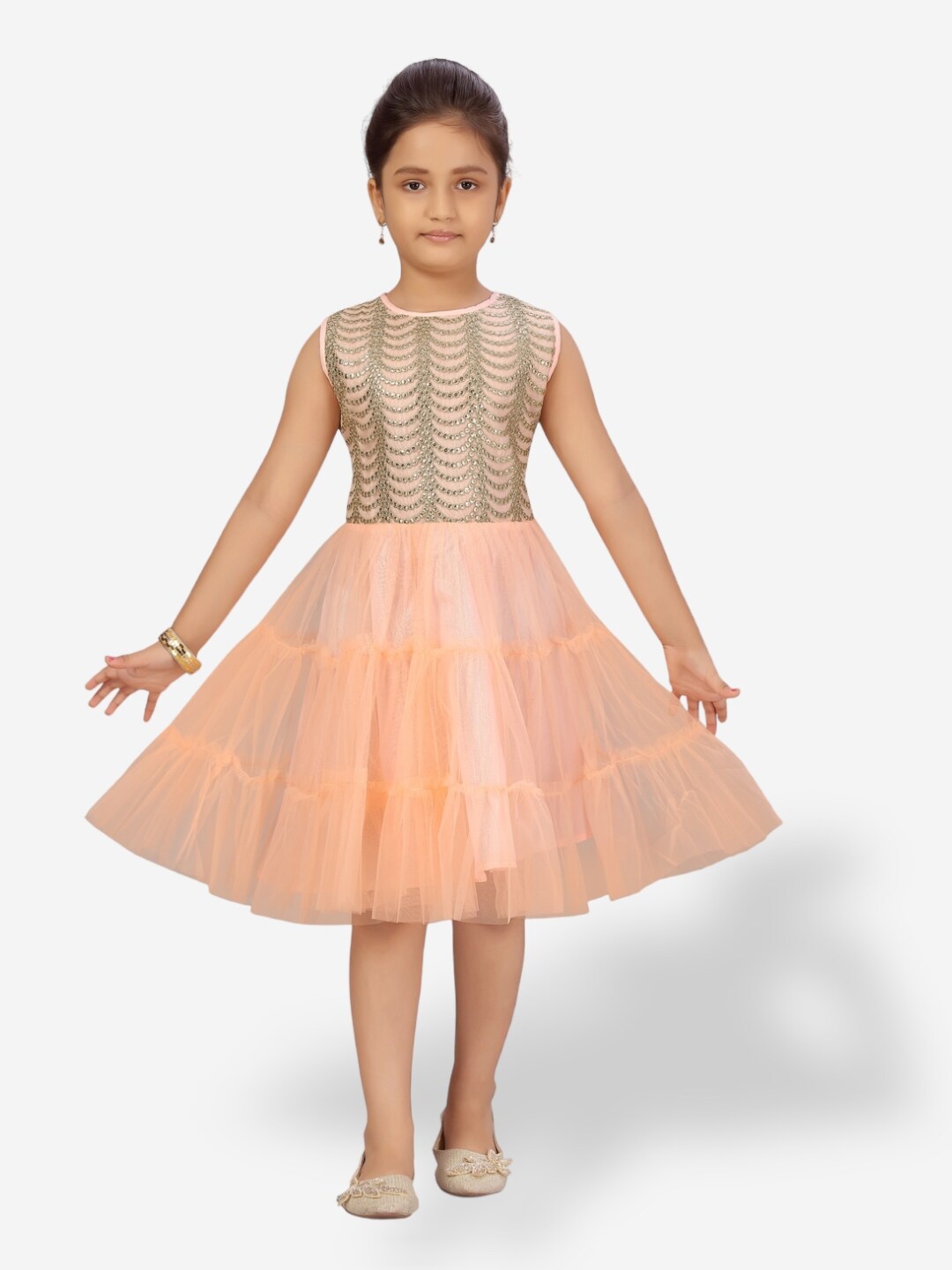 

Aarika Girls Self Design Embellished Sleeveless Dress, Peach