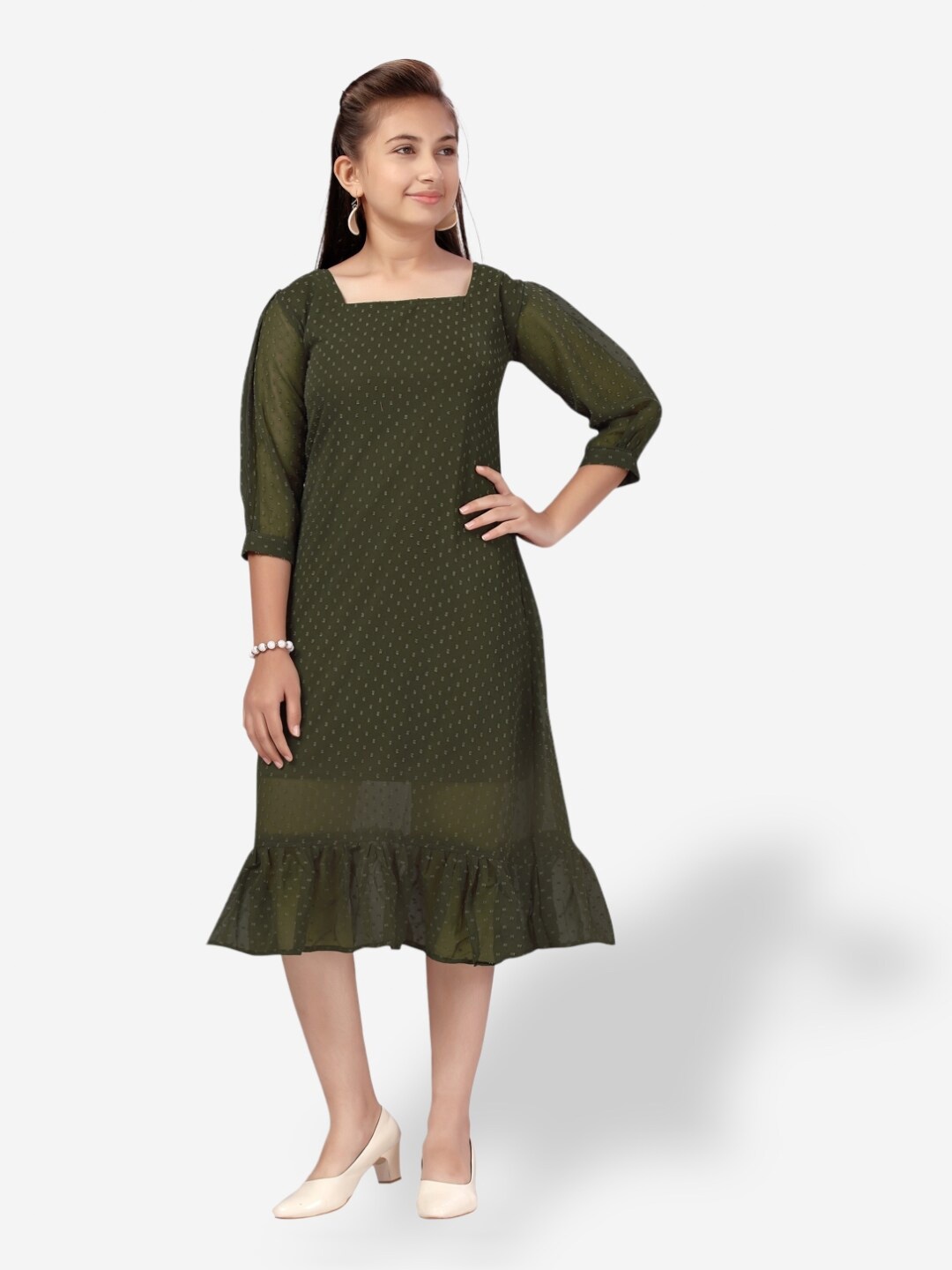 

Aarika Girls Self Design Square Neck Georgette A-Line Midi Dress, Olive